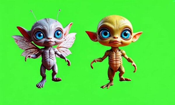two cute monsters dancing happily on green screen