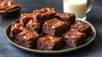 A plate of warm brownies with a cold glass of milk on a soft caramel background