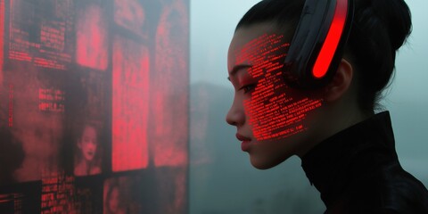 Asian female engaged with futuristic interface and digital display in neon light