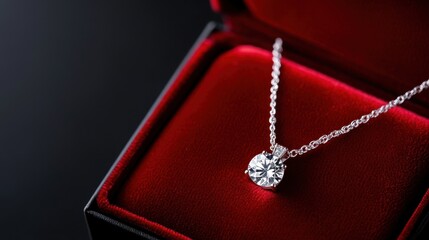 A radiant diamond necklace displayed in a classic red velvet box, placed on a glossy black background