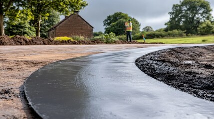 A road edge being reinforced with new concrete, still wet and shiny