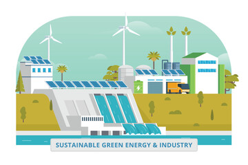 Sustainable Green Energy & Industry Vector Illustration with Hydropower Dam, Solar Panels, and Wind Turbines. Fully Editable and Modular Elements.