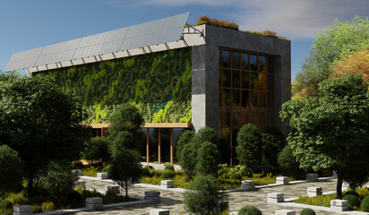 Modern Sustainable Building with Vertical Garden and Solar Panels - 3D Illustration