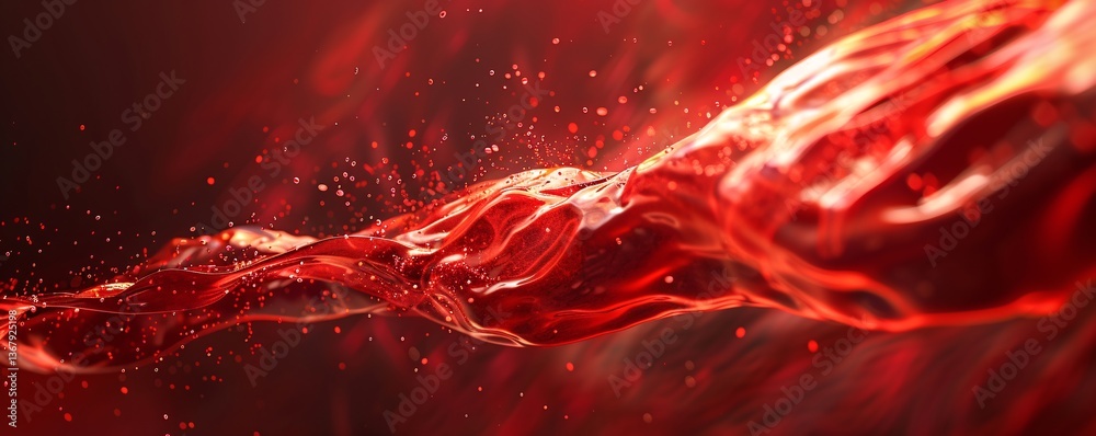 Poster Captivating red liquid in motion, creating a visually dynamic scene with bubbles and droplets