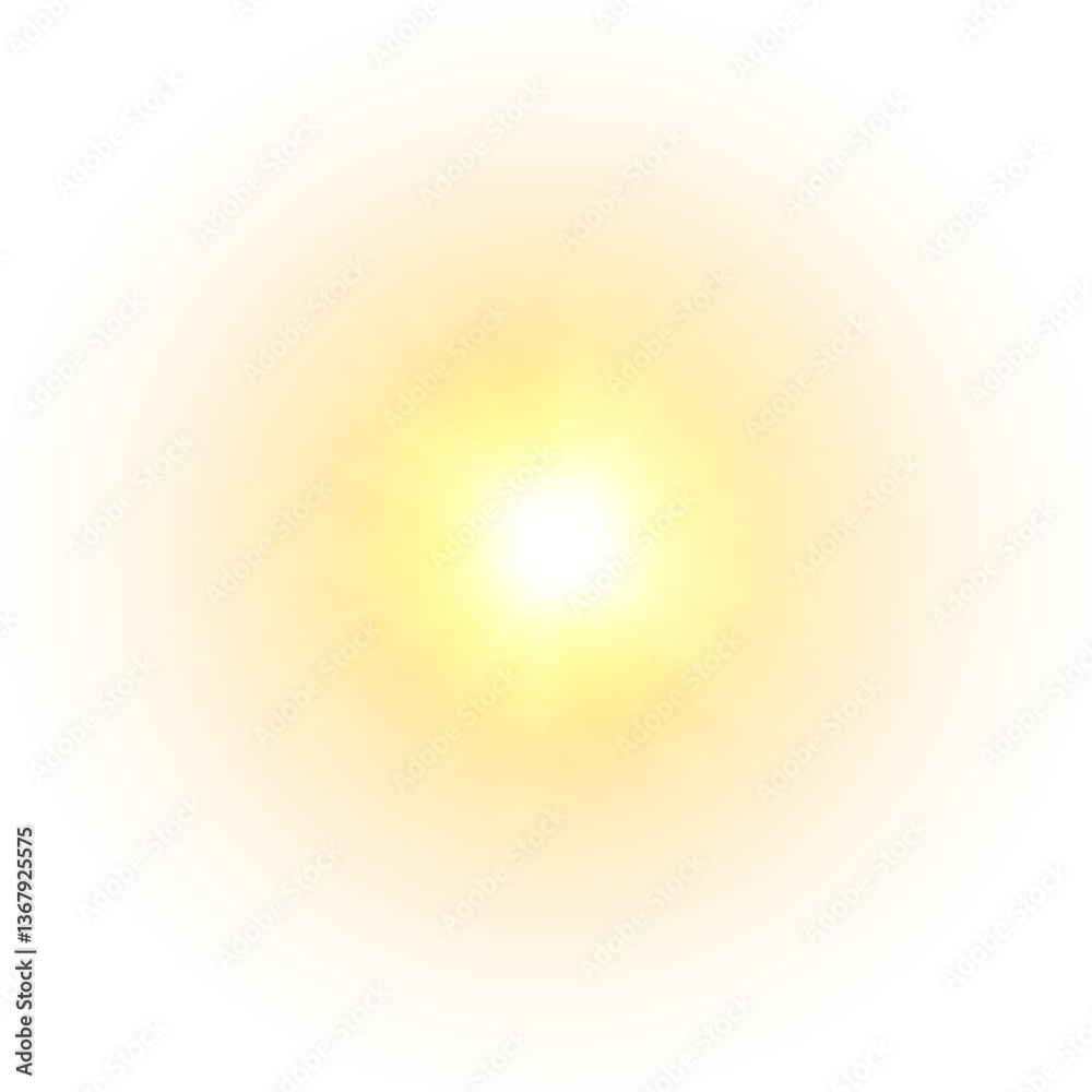 Poster Yellow flash of light with soft rays and glow. Sunshine or magic splash effect on white background.