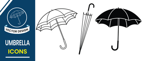 Umbrella icon set. Umbrella vector, silhouette, Open and close umbrella icon. Protection parasol symbol from rain and sunrays. Out line umbrella icon. Vector illustration. © Vector Vista
