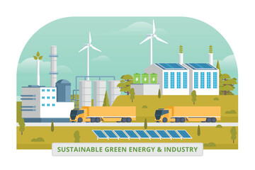 Obraz premium Sustainable Green Energy & Industry Vector Illustration with Hydropower Dam, Solar Panels, and Wind Turbines. Fully Editable and Modular Elements.