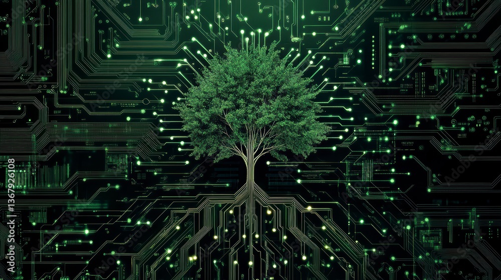 Poster green tree growing from circuit board, symbolizing technology and nature connection.