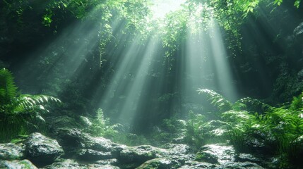Fototapeta premium Sunbeams in lush rainforest cave