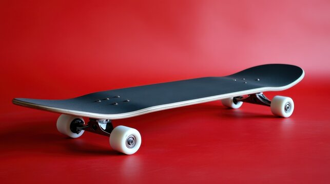 A sleek black skateboard with silver trucks and white wheels on a bold red background - Powered by Adobe