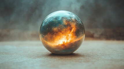 A digital rendering of a vibrant nebula encapsulated in a transparent glass sphere, symbolizing the mysteries of the universe and the connection between science and art.

