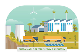Sustainable Green Energy & Industry Vector Illustration with Hydropower Dam, Solar Panels, and Wind Turbines. Fully Editable and Modular Elements.
