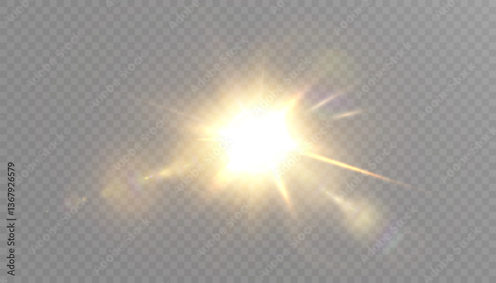 Poster bright sunburst with golden rays isolated on transparent background. suitable for sun, glare and lig