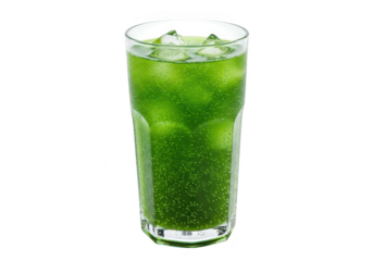 A glass filled with a bright green drink with ice cubes floating inside isolated on transparent background