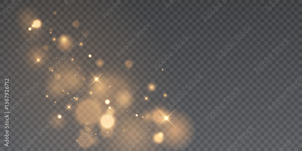 Poster golden glitter particles with bokeh effect and soft shimmering glitter glow on a transparent backgro