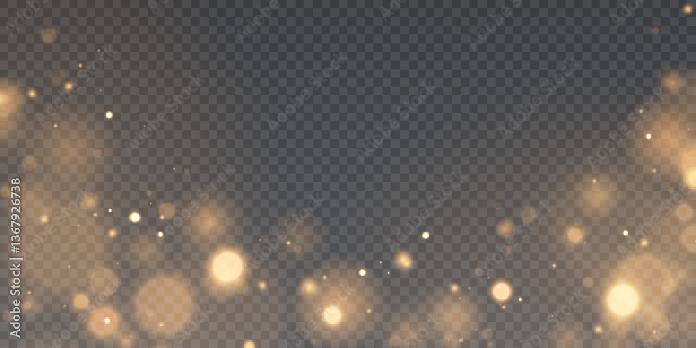 Poster golden glitter particles with bokeh effect and soft shimmering glitter glow on a transparent backgro