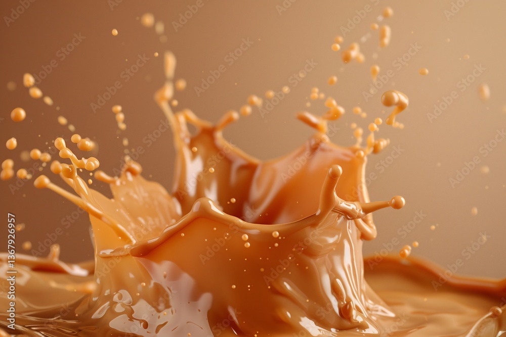 Aufkleber caramel liquid creating a crown shape as it splashes against a caramel-colored backdrop