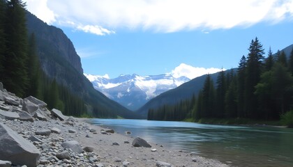 Serene Mountain Lake with Rocky Shore and Snow Capped Peaks A Breathtaking Summer Landscape