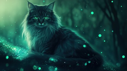 Mystical long-haired cat with emerald green eyes on a luminous Bokeh stage