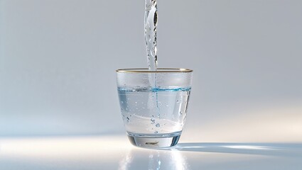Water pouring into a clear glass with a gold rim against a light gray background in a studio setting