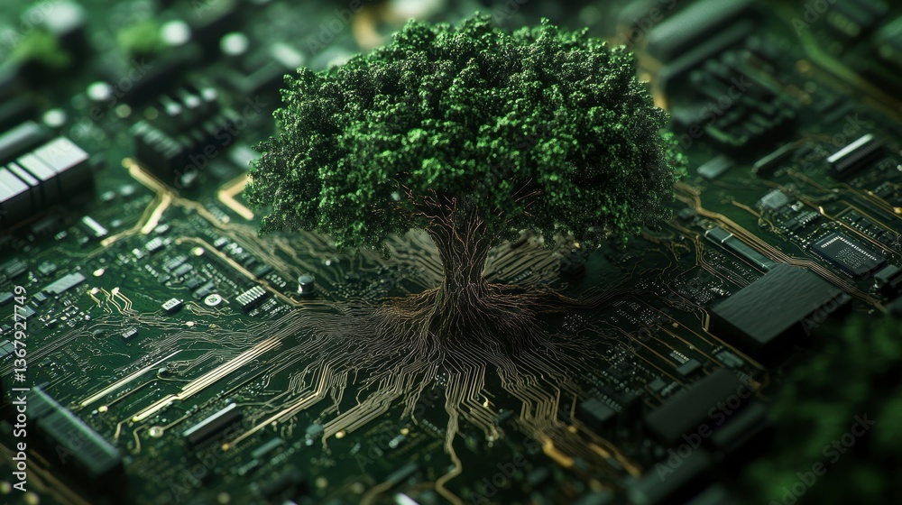 Poster lush green tree growing from a circuit board, symbolizing technological sustainability and nature's 