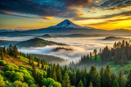 Panoramic Foggy Mountain View, Green Ridge Lookout, Central Oregon, Mt. Jefferson