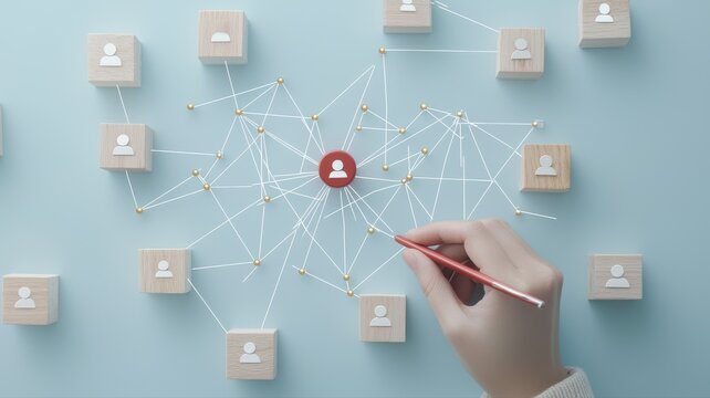 Hand drawing connections in a social network, emphasizing communication and relations.