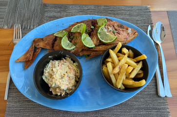 Fried fish with coleslaw and French fries