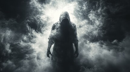 Hooded figure in dark clouds, fantasy scene