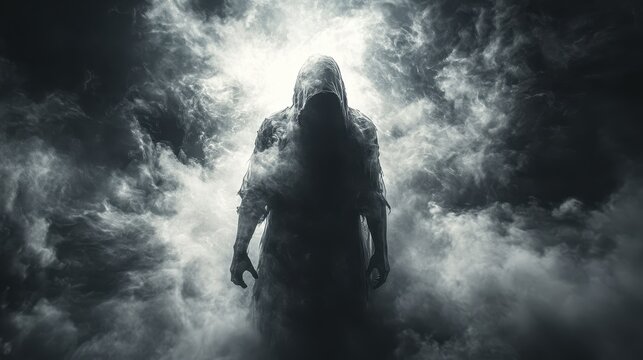 Hooded figure in dark clouds, fantasy scene - Powered by Adobe