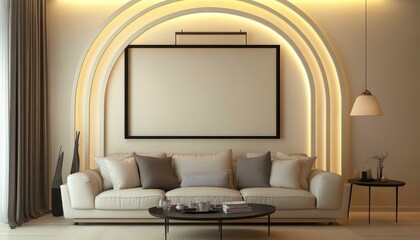 Modern Living Room Interior Design with Beige Sofa Large Frame and Arch Wall Decor