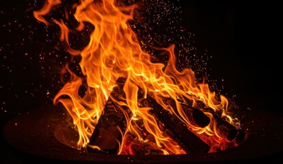 Bright flames from a bonfire create warmth outdoors at night, ideal for gatherings and recreation.