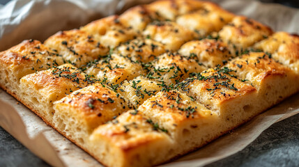 A freshly baked focaccia bread loaf, sprinkled with herbs, sits on a clean, empty background, symbolizing warmth, comfort, and culinary craftsmanship in a modern, minimalistic setting