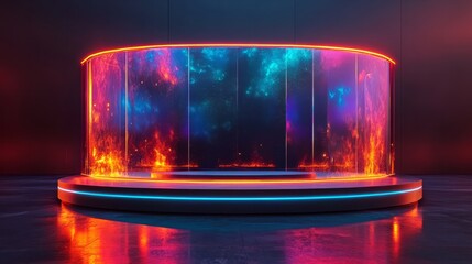 A futuristic podium featuring transparent panels, glowing edges, and digital projections for a sleek look