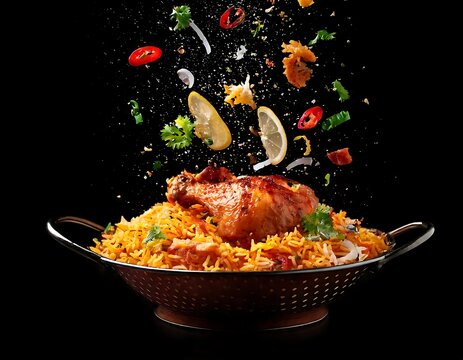 chicken biryani, Spicy chicken biryani food photography, flying food, black background.