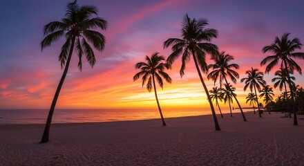 夕焼け染まる南国ビーチ 椰子の木シルエット 美しい構図