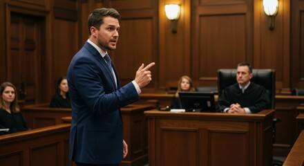 Confident Male Lawyer Delivering Closing Arguments in Courtroom