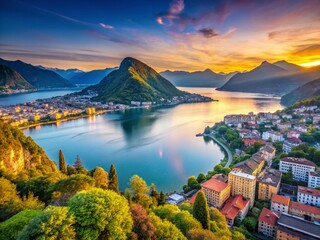 Panoramic Lake Lugano & Lugano Cityscape, Switzerland - High-Resolution Stock Photo