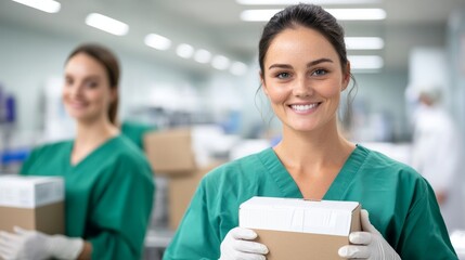 Female workers in green uniforms and white gloves packaging boxes at a warehouse