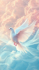 Fototapeta premium A white dove is flying in the sky above a blue and pink background
