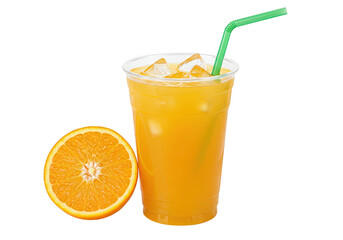 A plastic cup filled with fresh orange juice and ice cubes isolated on transparent background