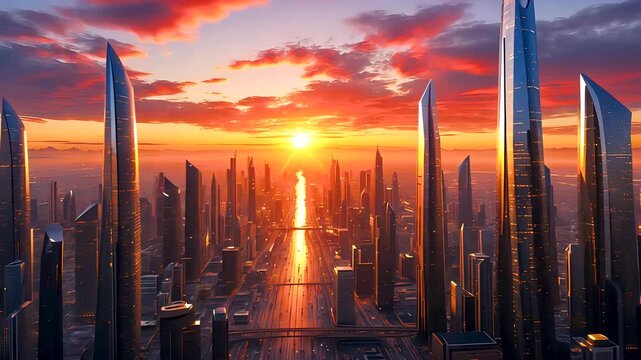 Glowing futuristic city skyline at sunset with tall skyscrapers and warm clouds