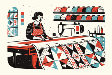 Quilting Crafts: Woman Sewing a Colorful Patchwork Quilt in a Vibrant Fabric Studio