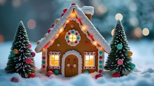 Illuminated ginger bread house, traditional Christmas dessert