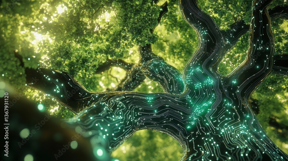 Aufkleber lush green tree trunk with glowing circuit lines, low angle view.