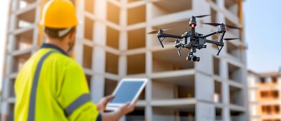Civil engineers surveying and inspecting a major road expansion project using advanced technologies like automated drones interactive holographic blueprints