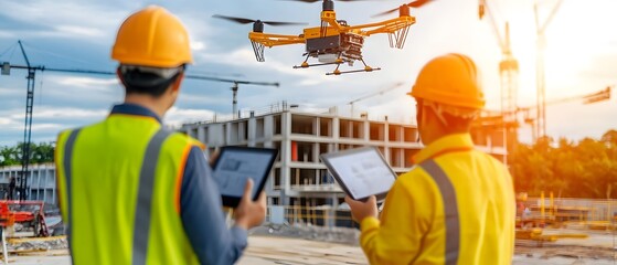 Civil engineers inspecting and overseeing a road expansion project using automated surveying drones interactive holographic infrastructure models