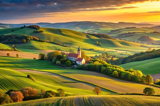 Panoramic Moravian Landscape: Rolling Hills and Historic Architecture