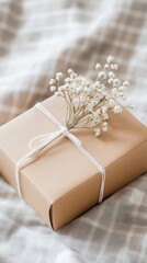 Thoughtfully wrapped gift adorned with dried flowers on a cozy blanket showcasing a warm and inviting aesthetic perfect for special occasions