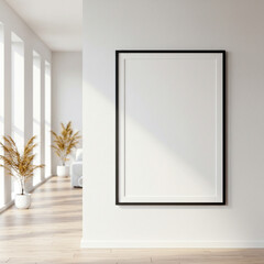 Minimalist interior mockup with blank frame. Empty frame wall poster mockup. Interior mockup with modern design. Contemporary interior scene